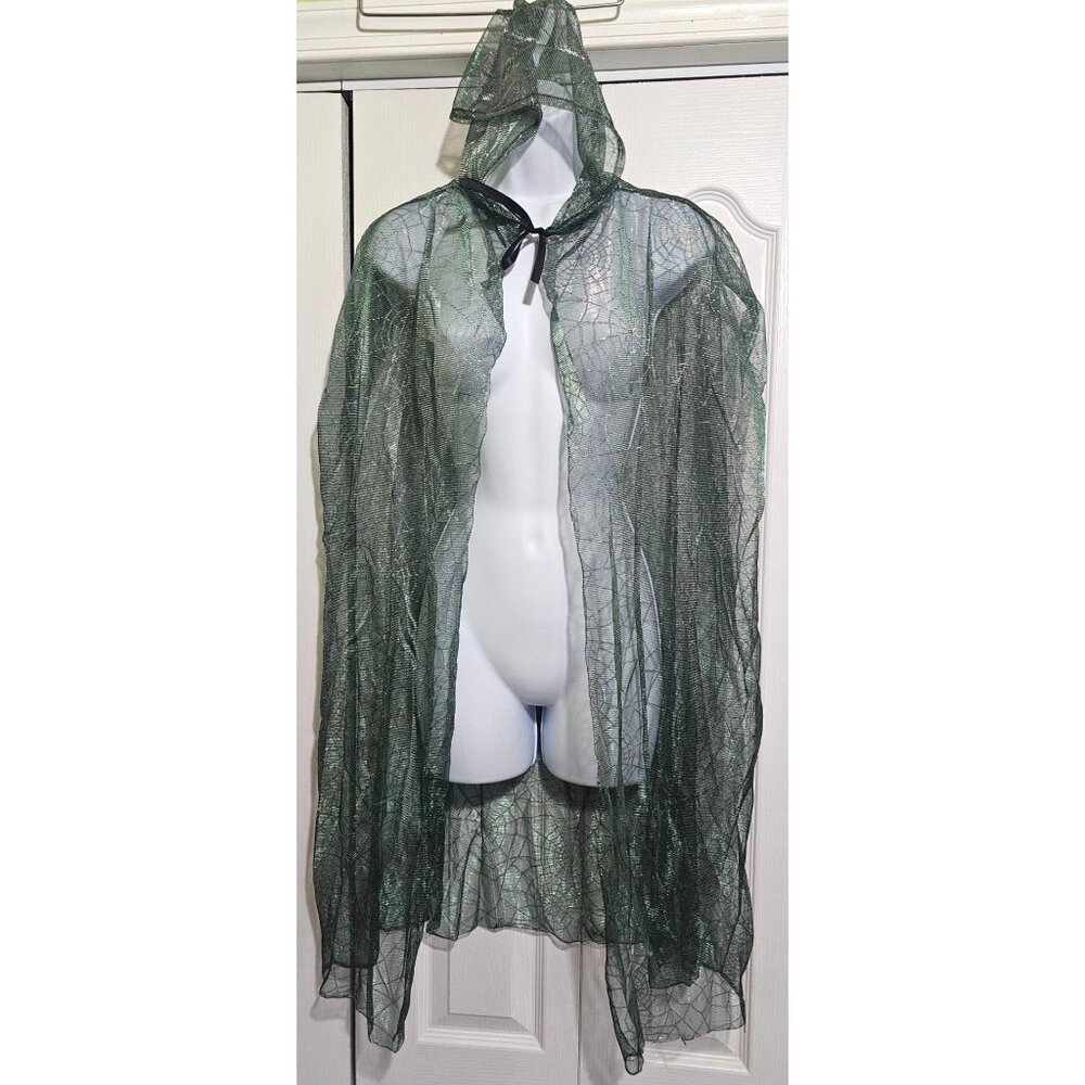 Halloween Adult Hooded Cape Green Sheer Sparkle Spiderweb Witch Costume Spider